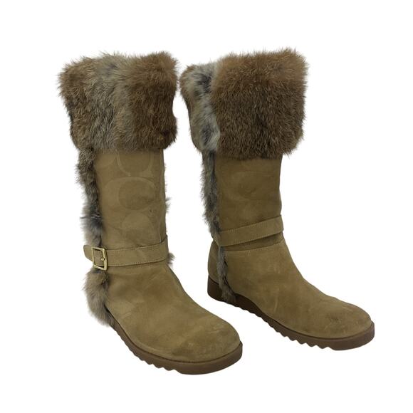 Coach Shoes - Coach Tan Leather Deann Rabbit Fur Snow Boots Women's Size 9 Preowned